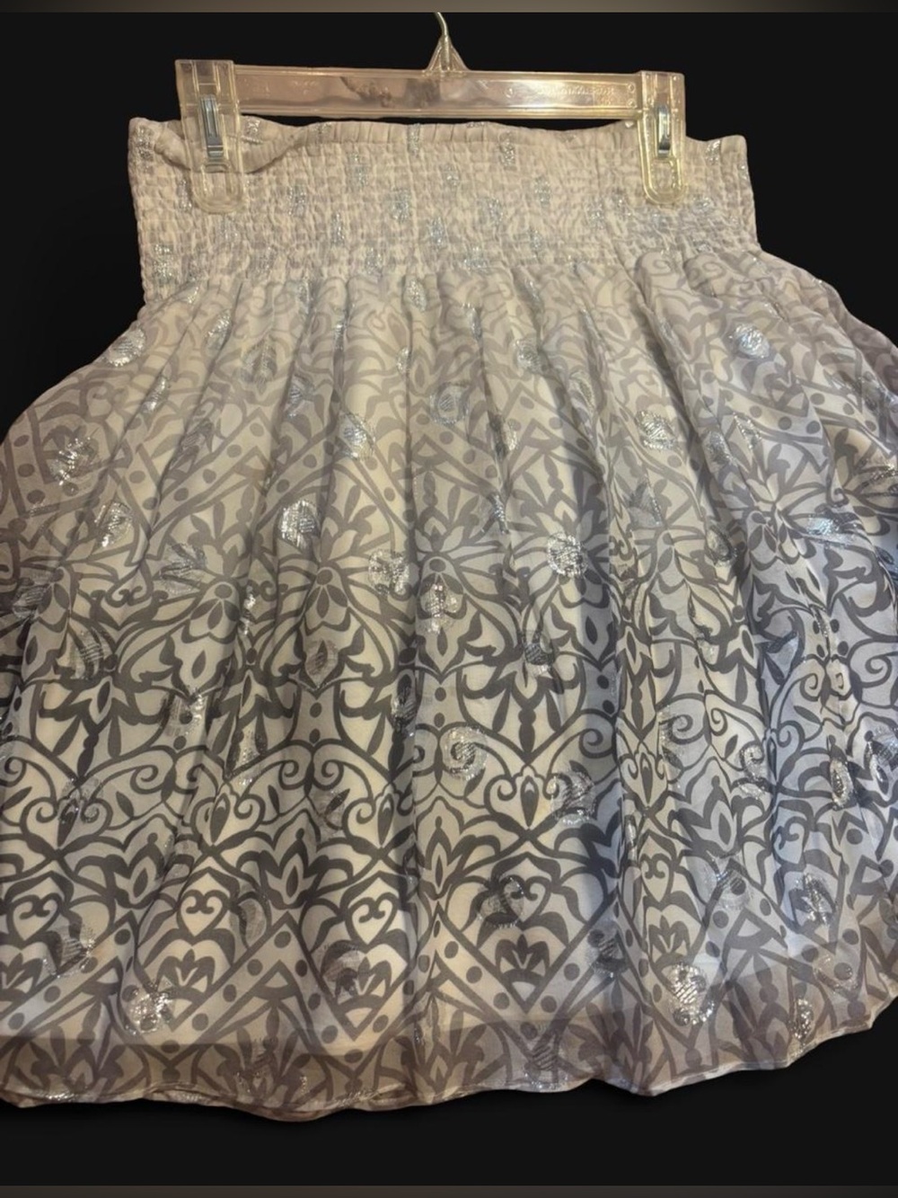 White House Black Market White & Silver Smocked Waist Circle Skirt